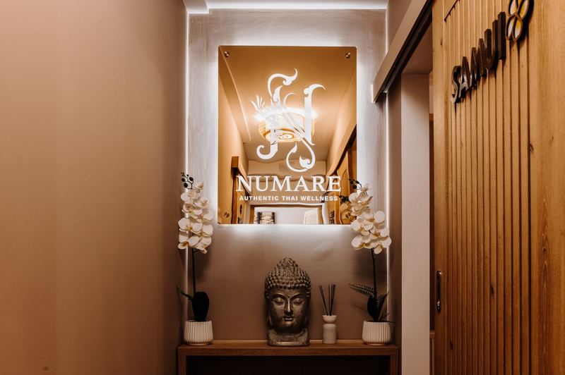 Detal brandingowy Numare — podświetlane logo i głowa Buddy